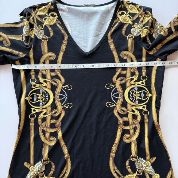 J.Mclaughlin Catalina Cloth Black & Gold Equestrian Print 3/4 Sleeve V-Neck Top - Picture 8 of 10
